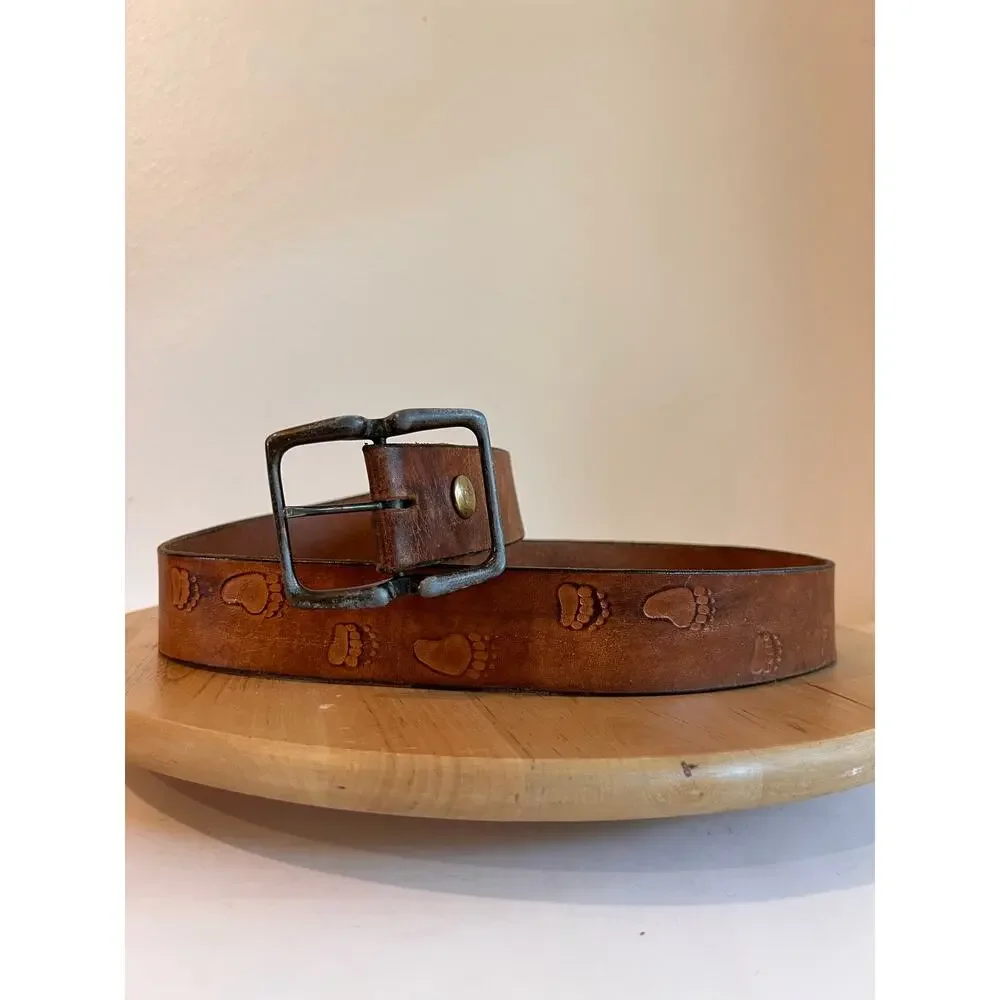 Vintage 90s Foot Print Distressed Genuine Leather Worn Buckle Belt Size Medium